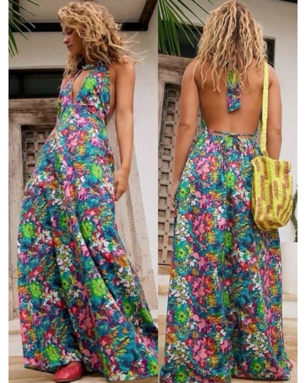 Free People Retro 70s Floral Psychedelic Saffron Maxi Dress Size XS Linen